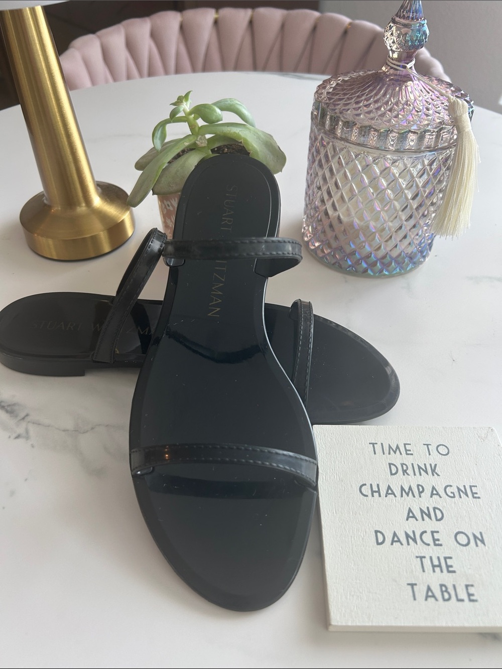 Stuart Weitzman Sawyer Black Jelly Double-Strap Slide Sandals